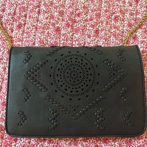 ANTHROPOLOGIE Black Leather Clutch with detachable gold chain